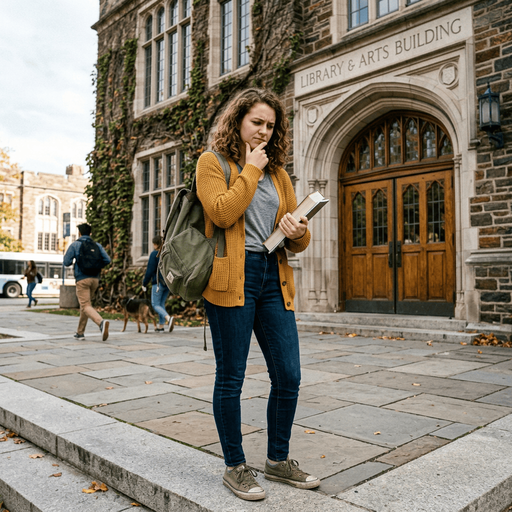 Student holding a book outside the Library & Arts Building